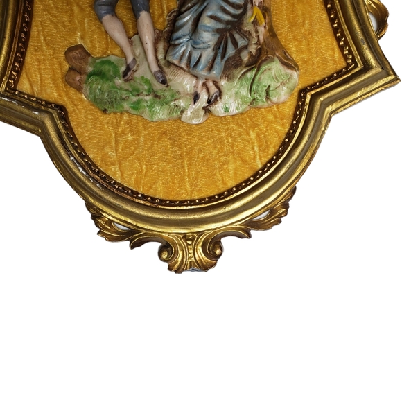 2 PANNEAU VINTAGE ITALY Golden Velveteen In Wooden Frame One Flaw - Picture 4 of 9